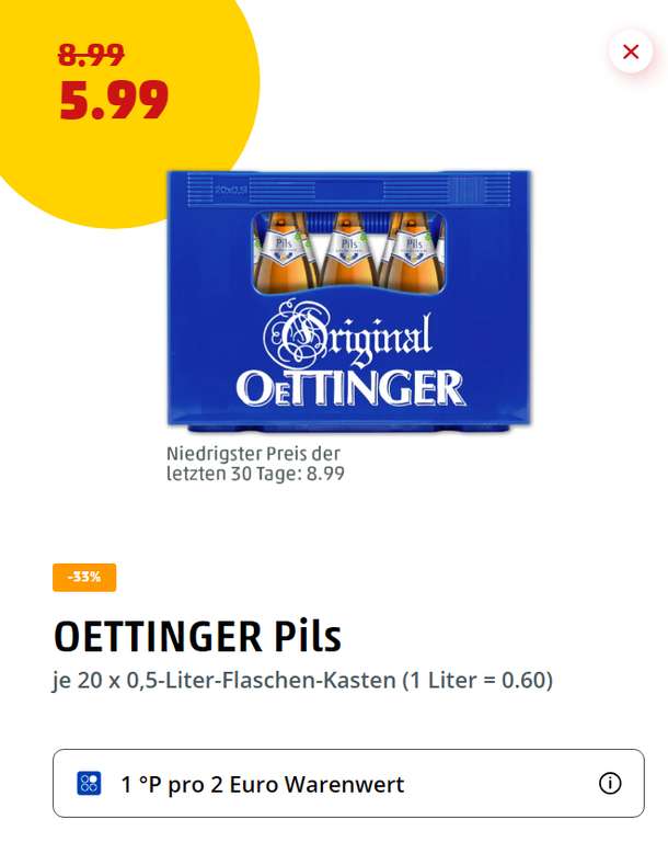 (Penny) Oettinger Pils im 20x 0,5l Kasten, Flaschenpreis 0,30 € - Südwest, evtl. bundesweit