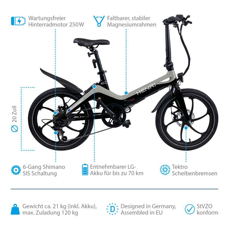 Design 20 Zoll E-Faltbike Achatgrau/schwarz/„HENRI von Blaupunk ca. 21kg schwer bis 120kg (Zuladung/Fahrergewicht) 50nm, Magnesium-Rahmen