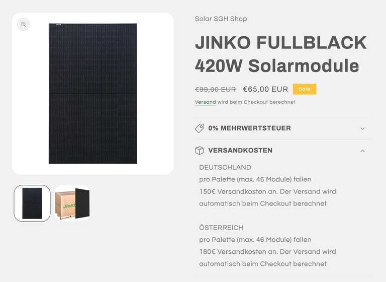 JINKO FULLBLACK 420W Solarmodul (Einzelpreis 65€) - z.B. 4 Module inkl. Versand für 410€
