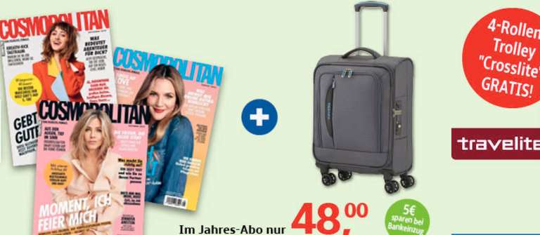 Travelite "Crosslite 4-Rad Trolley" 55 cm+ Cosmopolitan Abo (12 Monate) für 48 € -Kündigung nicht vergessen-