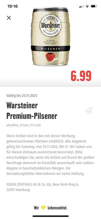 5 mydealz Warsteiner 6,99€ Edeka | Liter (Lokal / Fass Niedersachsen)