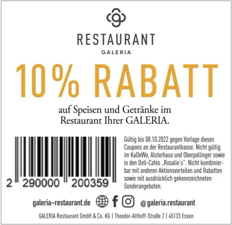 [Galeria Restaurant] 10% auf Speisen und Getränke bis 08.10.2022