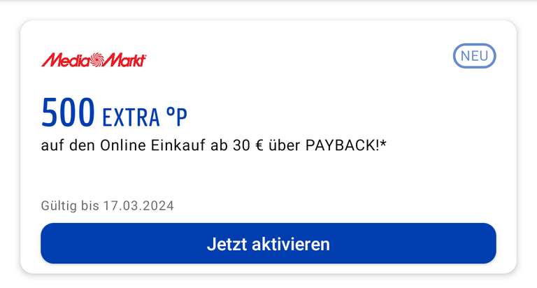 [Payback] Media Markt - 500 Extra Punkte - ab 30€ MBW bis 17.03.2024 - personalisiert