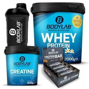 Bundle: 2kg Bodylab Whey Protein + 500g Creatin + 12x 65g Crispy Protein Bar + Shaker