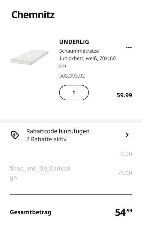 IKEA 5€ Rabatt ab 50€ Einkauf bei Nutzung von Shop&Go mehrfach verwendbar (lokal Chemnitz)