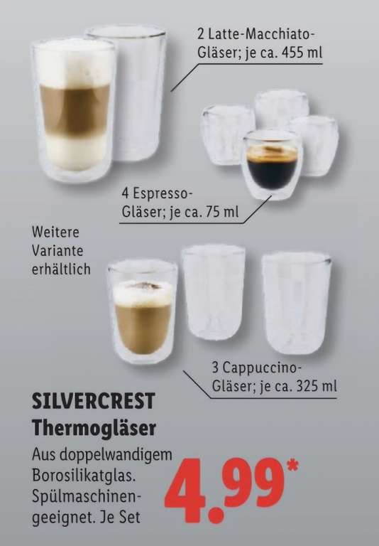 SILVERCREST Thermogläser-Set Espresso/Cappuccino/Latte Macchiato – 4,99€ bei Lidl