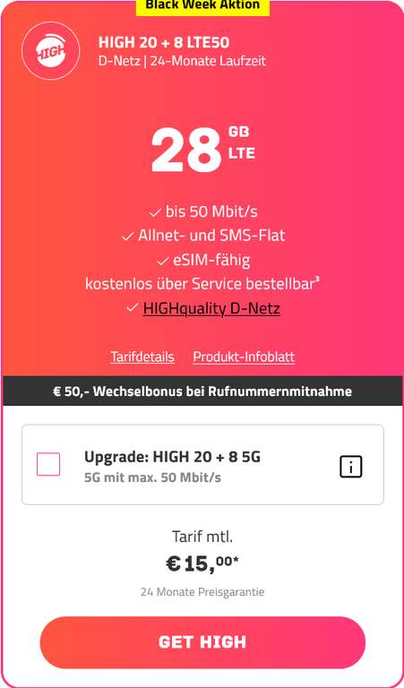 Telekom Netz, Sim Only: High Mobile Allnet/SMS Flat 28GB LTE bis 50Mbit/s für 15€/Monat bzw. 12,92€/Monat bei RNM, Check24 11,66€/Monat