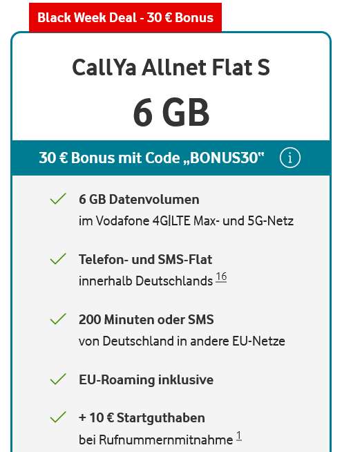Vodafone Black Week: Callya S Allnet/SMS Flat 6GB 5G bis zu 16 Wochen kostenlos bei RNM, sonst 12 Wochen durch Aktions-Bonus