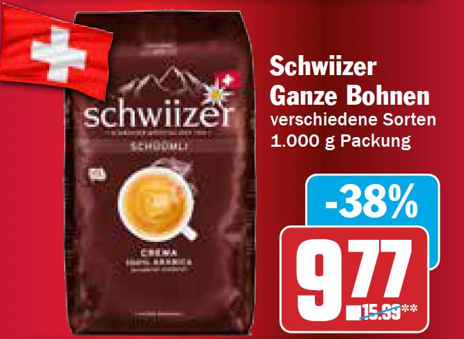 Schwiizer Schüümli Ganze Kaffeebohnen 1kg verschiedene Sorten [HIT lokal]