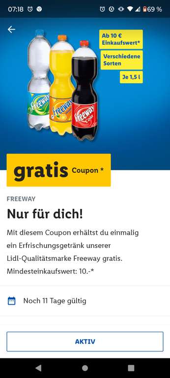 (Personalisiert) GRATIS ab 10€ Einkaufswert in der Filiale, gibt's eine Freeway Flasche umsonst nach Aktivierung in der Lidl Plus App!
