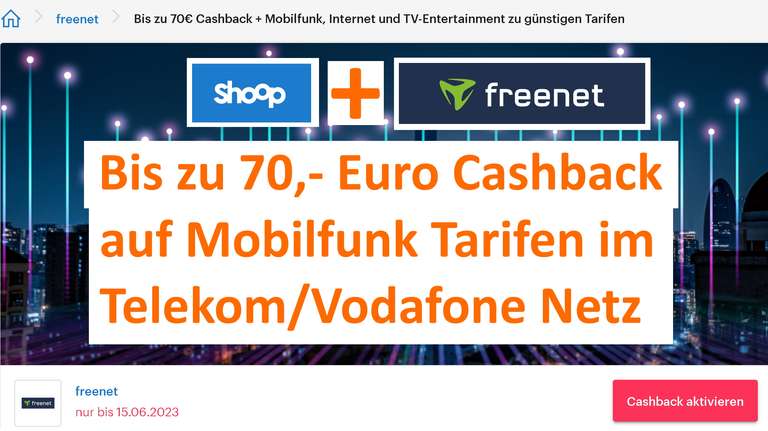 [Shoop + Freenet] Bis zu 70,- € Cashback bei Mobilfunk, Internet und TV-Entertainment Angebote von Freenet