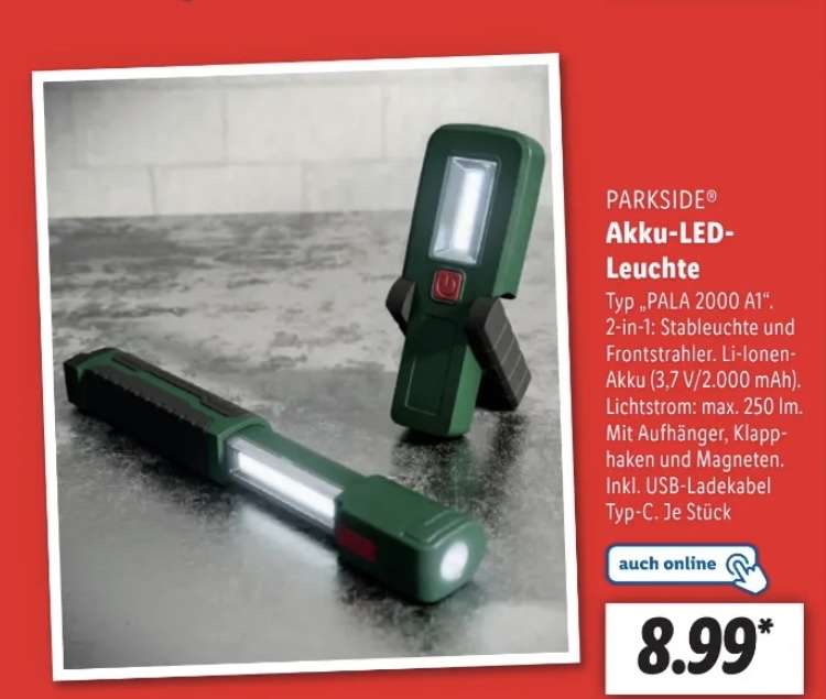 (Lidl) PARKSIDE Akku-LED-Arbeitsleuchte »PALA 2000 A1« mit USB-C-Ladekabel