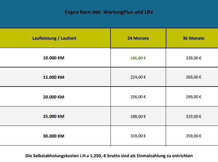[Corporate Benefits] Cupra Born PrivatLeasing / incl. Wartung & LRV für 186€ / eff. 238€ / LF 0.46 / 10.000 km, 24 M anpassbar
