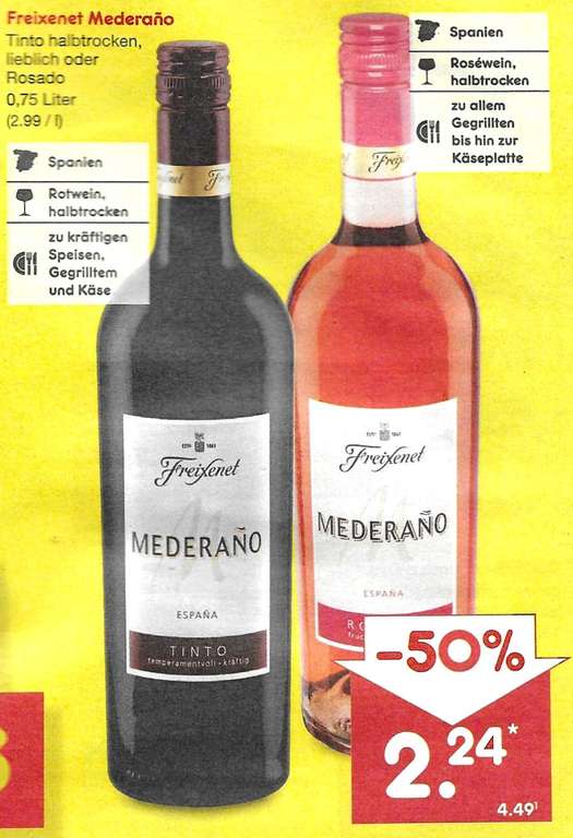 [Netto MD] Freixenet Mederano, 0,75 Liter Flasche, Tinto halbtrocken, lieblich oder Rosado - 2,24 € (Nur am Freitag, 31.03.2023