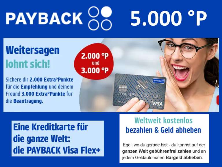 [Payback+VISA Flex+ KK] „Freunde-werben-Freunde Aktion“: 2.000 °Punkte (20€) für Werber + 3.000 °Punkte (30€) für Geworbenen, 0€ im 1. Jahr
