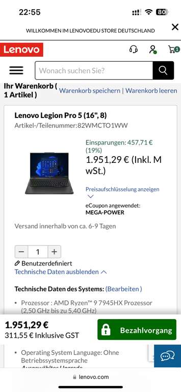 Lenovo Legion Pro 5 (16", 8) (2560 x 1600) IPS, 240 Hz - Ryzen 9 7945HX, 32 GB RAM, 512 GB SSD, RTX 4070 8 GB