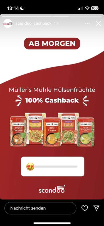 GZG 100% Cashback via scondoo Müller's Mühle Hülsenfrüchte, 40 Cent Gewinn möglich via marktguru Start: Montag 15.01.