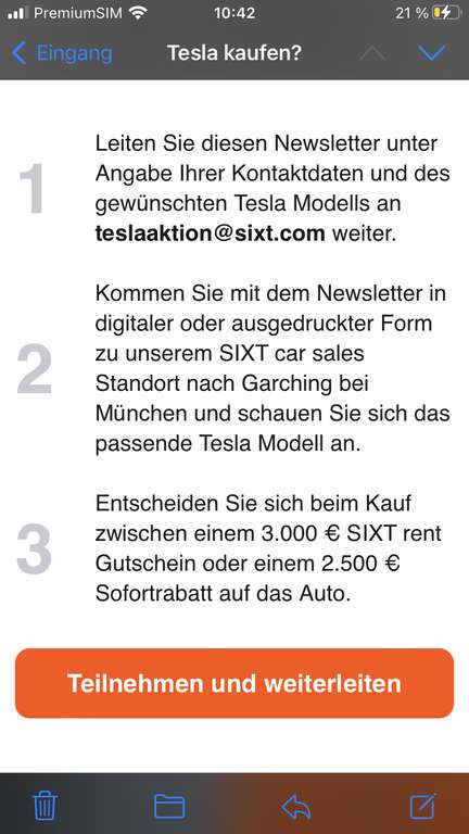 Tesla-Aktion von Sixt: € 2500 Sofortrabatt oder € 3000 Sixt Rent Gutschein beim Kauf eines gebrauchten Teslas (Model 3 & Y)