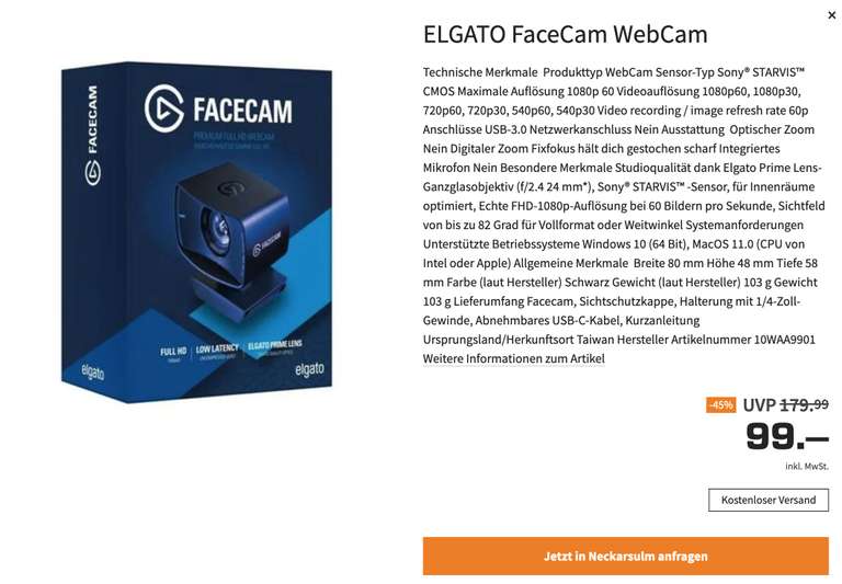 [Lokal Neckarsulm] Elgato FaceCam - Webcam - Fundgrube - Online Bestellung möglich