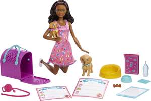 Barbie HKD87 - Puppe & Welpenadoption-Spielset mit brünetter Puppe in pinkem Kleid & 2 Welpen