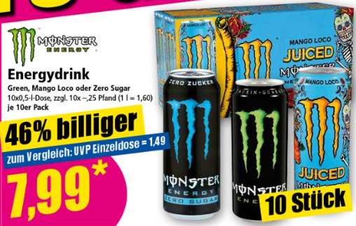 [Norma] Monster Energy Drink, 10x 500 ml Dose, Green, Mango oder Zero Sugar - nur 7,99 € + Pfand (entspricht dann ~ 80 Cent die Dose)