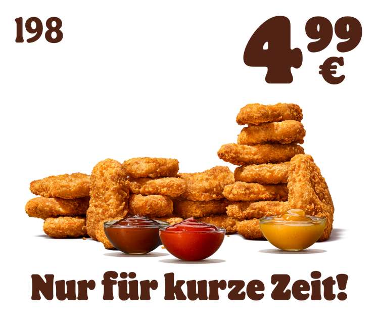 Burger King: 20 Chicken oder Plant Nuggets inkl. 3 Dips