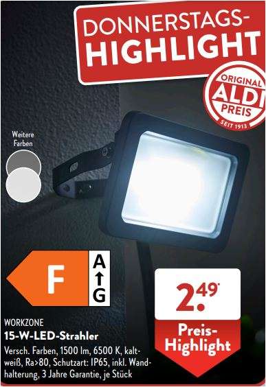 15-W-LED-Strahler, 1500 lm, Schutzart: IP65, inkl. Wandhalterung, 3 Jahre Garantie,, für je 2,49 Euro [Aldi Süd]