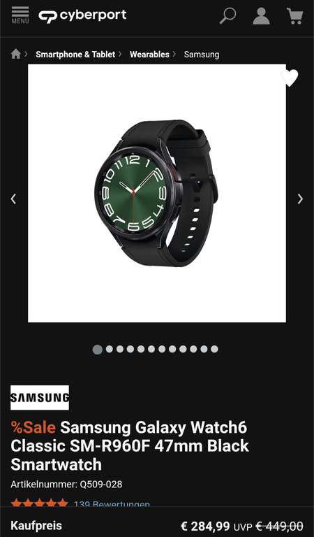 Galaxy Watch 6 Classic 47mm ohne LTE ab 269,90€