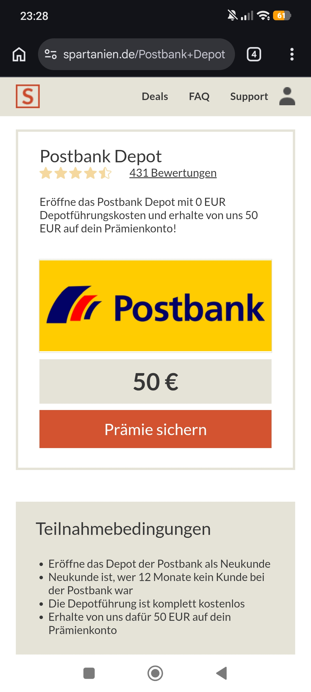 50€ für die Depoteröffnung bei der Postbank über Spartanien