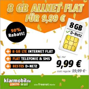 [Telekom-Netz] Klarmobil Tarif mit 8GB LTE Datenvolumen (25 Mbit/s) + Telefon- & SMS-Flat für 9,99€ monatlich + 0€ AG | eSIM möglich
