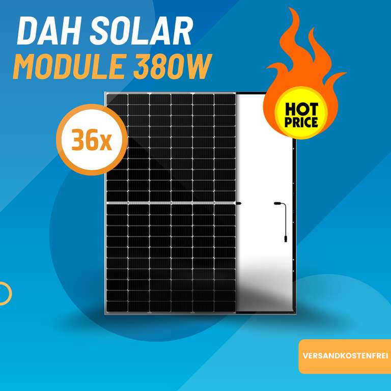 Paletten Deal: 36x DAH Solar - Halbzellenmodul 380W (66,39€/Stück) (inkl. Wallbox 2590€)