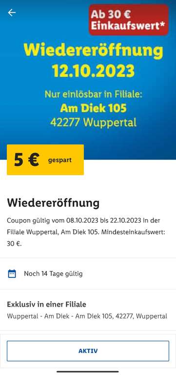 [Lokal Lidl Wuppertal Oberbarmen] Neueröffnung 5€ ab 30€ MEW (Am Diek 105)