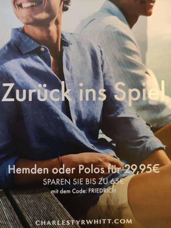 Hemden oder Polos bei Charles Tyrwhitt für 29,95€ mit dem Gutschein FRIEDRICH zzgl. Versand