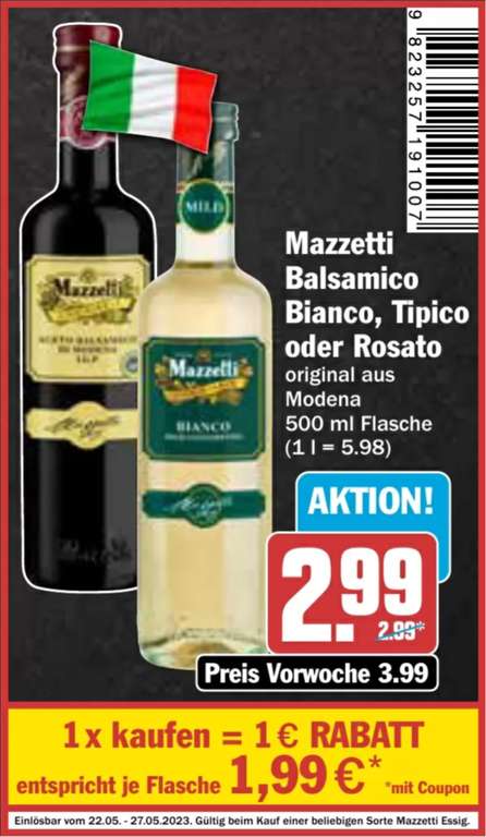[HIT KW21] Mazzetti Balsamico Bianco, Tipico oder Rosato 500 ml für 1,99€ (Angebot+Coupon) ab 22.05.23