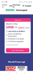 [Telefonica Netz] Lebara HELLO! 5+5 Flex 10GB LTE50 Allnet&SMS Flat + 50 Min in 50 Länder 4.99€/Monat dauerhaft Monatlich kündbar