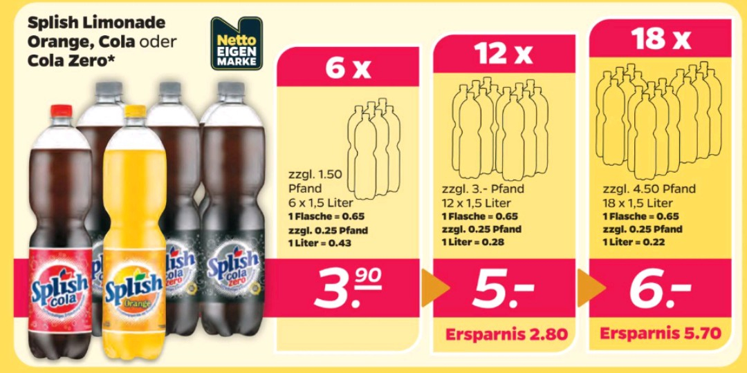 [Netto schwarz] Splish Cola, Cola Zero oder Orangenlimonade 18x1,5 L für 0,22 €/L