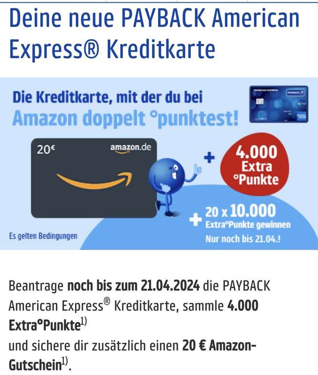 Payback AMEX Kreditkarte 4000 Punkte + 20 EUR Amazon Guthaben