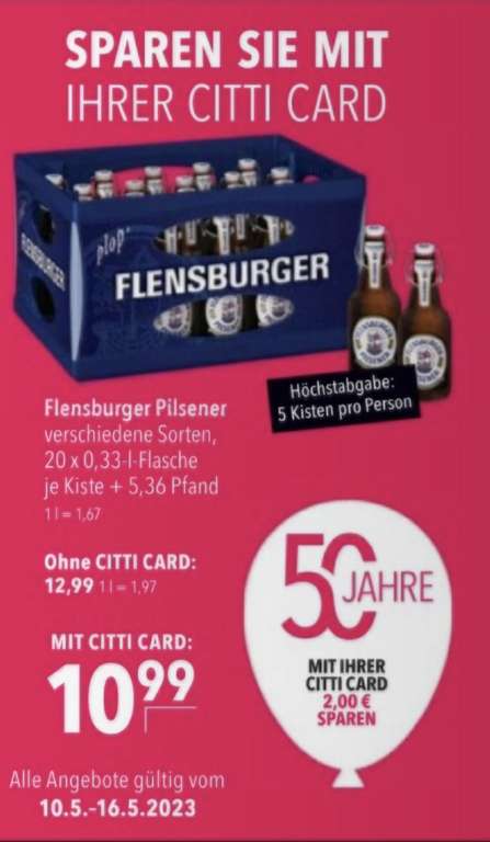 (LOKAL Schleswig-Holstein) CITTI Markt Flensburger Pilsener verschiedene Sorten 10,99€ mit Citti Card, max. 5 Kisten