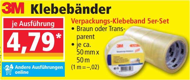 3M Klebebänder, z. B. 5 x Paketklebeband (transparent oder braun) für 4,79 Euro [Norma]