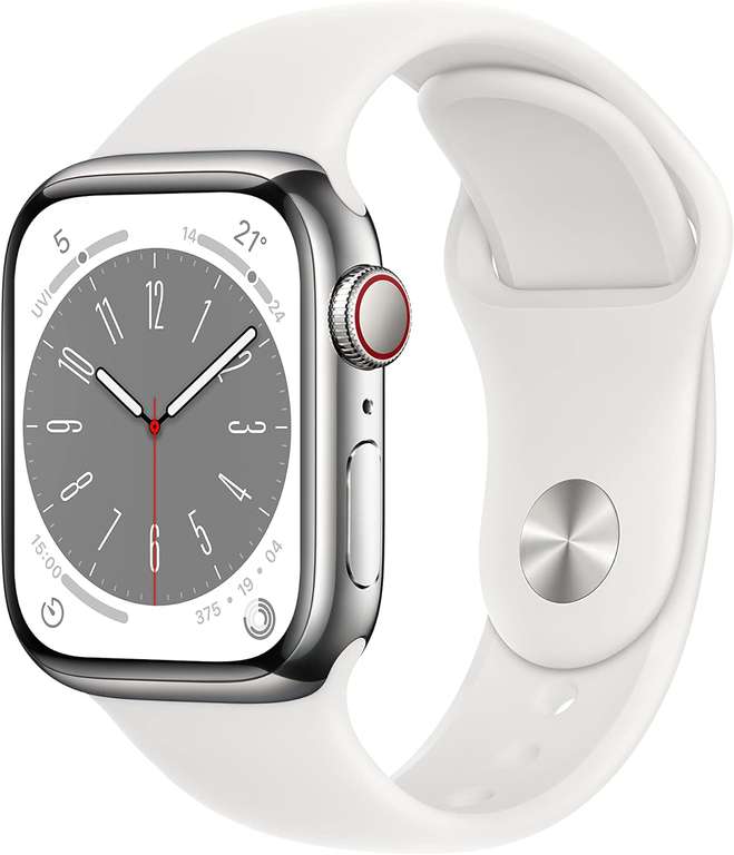 Apple Watch Series 8 45mm Edelstahl GPS+Cellular Silber Sportarmband Weiß