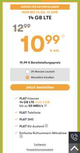 14 GB All-net-Flat für 10,99€ 24 Monate Laufzeit, monatlich kündbar mit 19,99€ Bereitstellungsgebühr