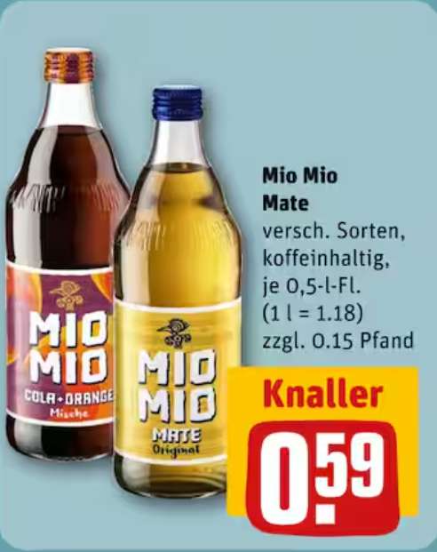 [Rewe] Mio Mio Mate, Cola - 0,5l Flasche - verschiedene Sorten - regional Berlin, BRB, MV, Niedersachsen, NRW, Sachsen, Bremen u.a.