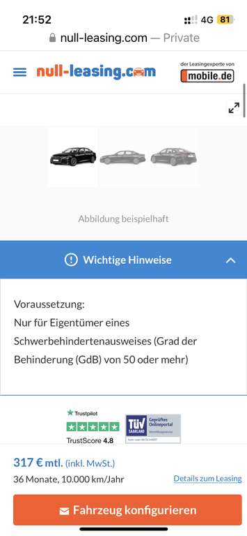 [Privatleasing mit Behindertenausweis GdB 50+] Audi A6 45TFSI Benziner 265ps 317€ mtl. / 36M / 10km p.a. / 3M lieferzeit / LF 0,56