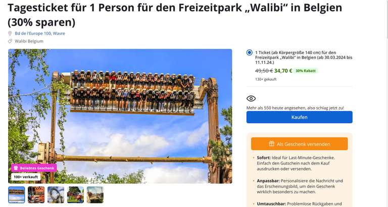 Tagesticket für 1 Person für den Freizeitpark Walibi Belgien (Ticket gültig bis 11.11.24)