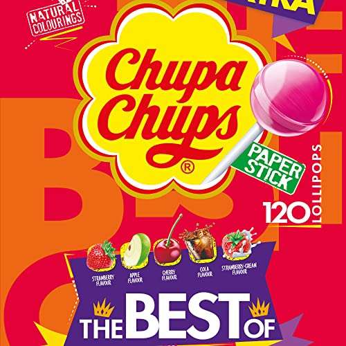 Chupa Chups Best of Lutscher-Beutel, 120 Lollis (a 12g) in 6 Geschmacksrichtungen Cola, Erdbeere, Kirsch, Apfel, Himbeere-Vanille (Spar-Abo)