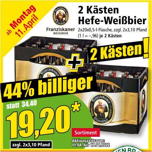2 Kästen Franziskaner Hefe-Weißbier für 19,20 Euro (9,60 Euro/Kasten) [Norma BY, BW]
