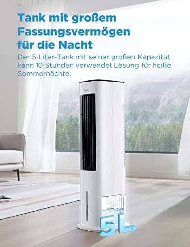 Midea Luftkühler mit Wasserkühlung, Klimaanlage Mobil, Ventilator mit 5L Wasserkühlung, Luftbefeuchter und Ionisation, Klimaanlage , 355m³/h