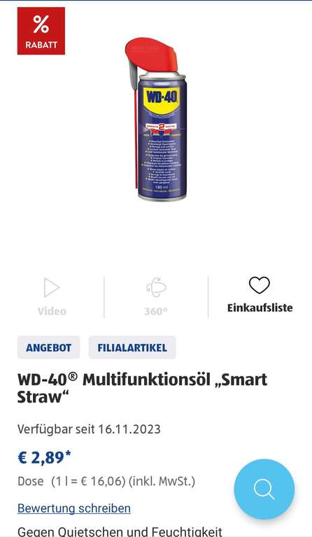 WD-40 Multifunktionsöl Smart Straw 180 ml Aldi Süd ab 16.11