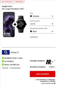-190€ vs. Idealo; O2 Netz: Google Pixel 8 & Pixel Watch 2 Wifi im Allnet/SMS Flat 30GB LTE (5G +1€) 24,99€/Monat, 19€ Zuzahlung