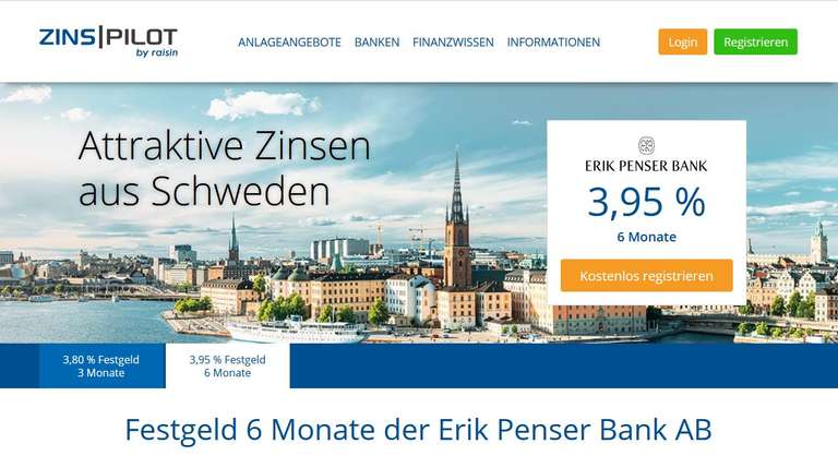 Festgeld mit 3,95% p.a. für 6 Monate ab 1€ via ZinsPilot, bis 85.000€, keine Quellensteuer, Schweden, AAA-Rating, Neu- und Bestandskunden